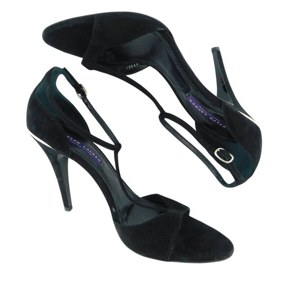 RALPH LAUREN Collection Purple Label Black Suede T Strap Ankle Sandal Heels 9 - Picture 4 of 9